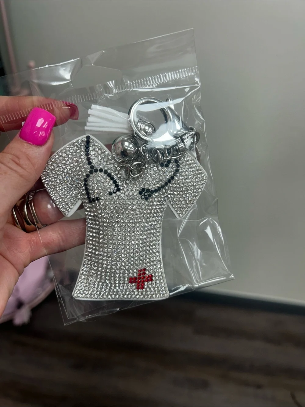 Rhinestone Nurse Scrub Top Keychain Charm - Silver with Red Accent
